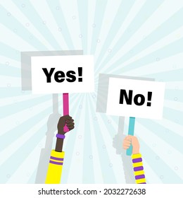 Human hand with Yes No. flat vector illustration. 