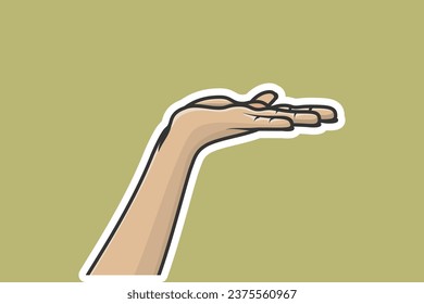 Menschliche Hand des jungen Mannes, die Fingers aufklebt Vektorgrafik. Die Menschen hängen Objekte Symbol-Konzept. Flache Palmen präsentieren Produktangebot und geben Gestensticker Design-Logo.