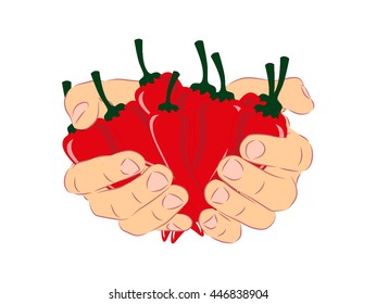 human handful harvest of chili pepper isolated outline lines vector illustration