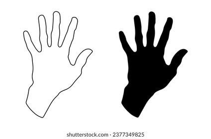 Human handprint. Adult handprint. Human fingers and palm of hands. Silhouette, outline. Icon. Vector isolated on white. For design, print, illustration, textile, postcard, poster 