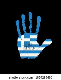 Human handprint in the colors of the Greek flag. Creative vector design element isolated on a black background. Abstract flag of Greece in the form of a palm print