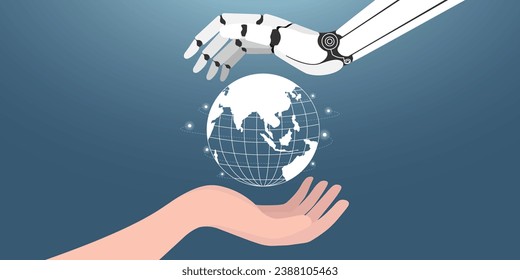 Human hands and AI robot hands holding the planet earth. artificial intelligence Machine Learning Help humans take care of the world,Machine Learning, A world in which AI is everything.