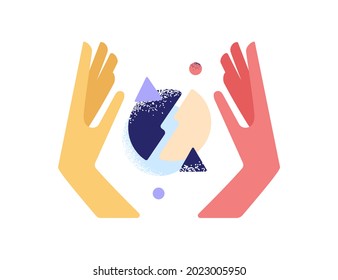 Human hands analyzing data, researching smth. and creating business systems and structures out of abstract geometric figures. Creativity concept. Flat vector illustration isolated on white background