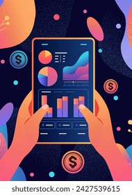 human hands analyzing graphs on tablet screen financial banking wealth transformation technology fintech business investment