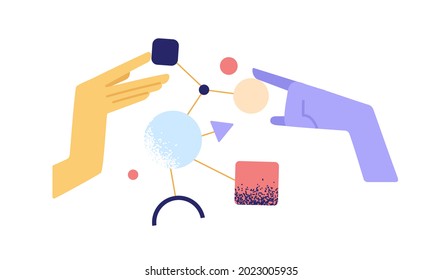 Manos humanas analizando la estructura y los sistemas y esquemas de construcción a partir de cifras abstractas. Análisis empresarial, investigación y análisis de datos. Ilustración vectorial plana aislada en fondo blanco