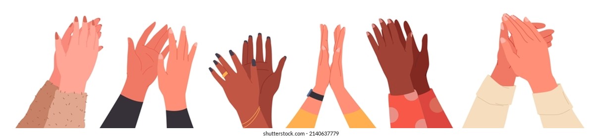 Human hands applauding set vector illustration. Cartoon crowd of people congratulate with clapping, applause of male and female arms isolated on white. Support, compliment, celebration concept