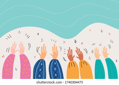 Human hands, applause, clapping ovation in doodle flat style. Vector hand drawn stock illustration of greeting. Crowd, party, sale, business concept ets.