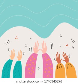 Human hands, applause, clapping ovation in doodle flat style. Vector hand drawn stock illustration of greeting. Crowd, party, sale, business concept ets.