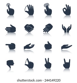 Human hands applause tap helping action gestures icons black set isolated vector illustration