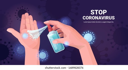Hände, die antibakterielle Spray-Desinfektion gegen Virusbakterien anwenden, stoppen das Koronavirus-Pandemie-Quarantänekonzept Kopienraum horizontale Vektorillustration Illustration