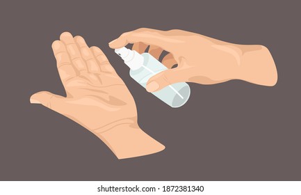 manos humanas Aplicando un sanitizador de manos. Frasco desinfectante
Prevención de la propagación del Covid-19. ilustración vectorial