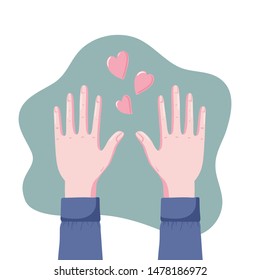 Human hands, arms in shirt raised in celebration, flat cartoon vector illustration isolated on white background. Pair of human hands raised in celebration, blessing gesture