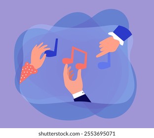 Human hands from artists band holding musical notes together. People performing melody in orchestra flat vector illustration. Music, festival concept for banner, website design or landing web page