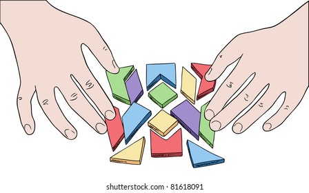 human hands assembling puzzle from multicolored pieces vector