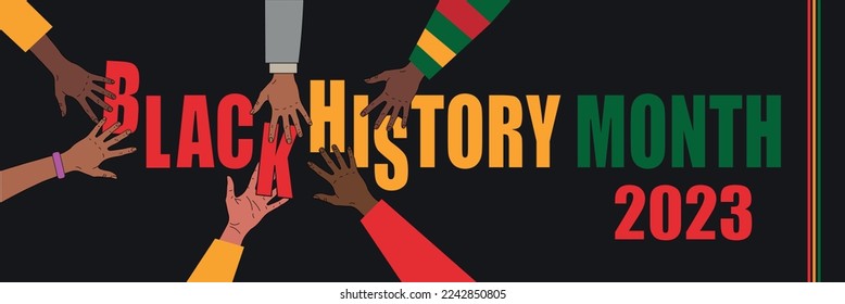 Human hands assembling text Black history month 2023, horizontal banner, vector illustration