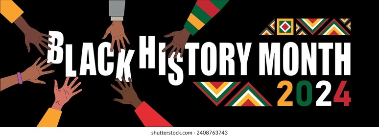 Human hands assembling text Black history month 2024, horizontal banner, african ornaments, vector illustration