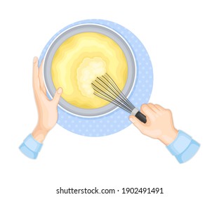 Human Hands Beating Dough with Wire Whisk Above View Vector Illustration