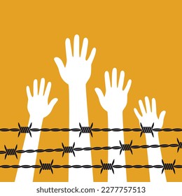 Human hands up behind barbed wire. Vector illustration.