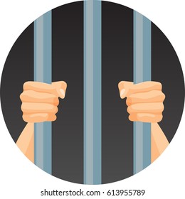 Human hands behind security bars in round circle isolated on white background. Despaired person kept under metal cell in prison camera realistic vector illustration. Arrested man locked in cage