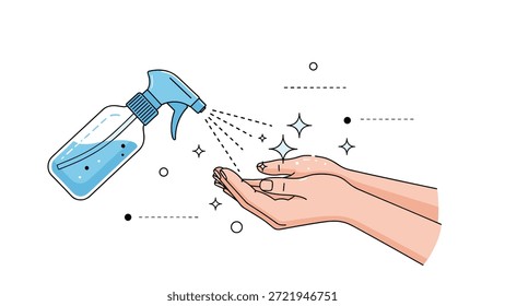 As mãos humanas estão sendo higienizadas com um frasco de spray azul de líquido desinfetante para garantir higiene e evitar a propagação de germes.