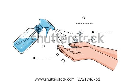 Human hands are being sanitized with a blue spray bottle of disinfectant liquid to ensure hygiene and prevent the spread of germs.