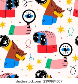 Human hands with binoculars, magnifying glass, spyglass telescope. Searching, finding, web surfing, looking for opportunities concept. Hand drawn Vector illustration. Square seamless Pattern