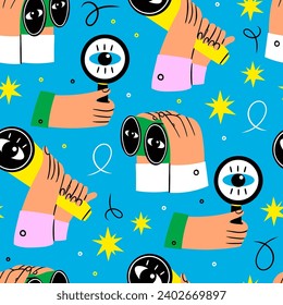 Human hands with binoculars, magnifying glass, spyglass telescope. Searching, finding, web surfing, looking for opportunities concept. Hand drawn Vector illustration. Square seamless Pattern