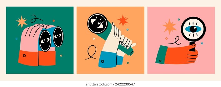 Human hands with binoculars, magnifying glass, spyglass telescope. Searching, finding, web surfing, looking for opportunities concept. Hand drawn trendy Vector illustration. Isolated design elements