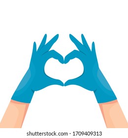 Human hands in blue latex medical gloves show a heart symbol vector illustration. Doctors thanks concept. Isolated on white background. Arms in the form of heart.