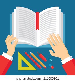Human hands and book - education learning concept illustration in flat style design. Back to school creative banner. 