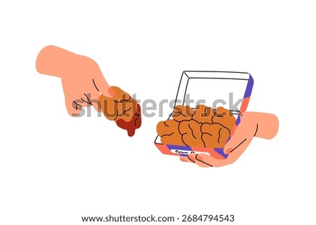 Human hands with box of chicken nuggets. Crispy strip is dipped into bbq sauce. Tempura meat pieces in package. Meal of fastfood restaurant, fast food. Flat isolated vector illustration on white