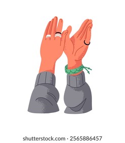 Human hands with bracelet, rings clapping to show gratitude, support. Person applauding, greeting. Cheers, applause to congratulate, celebrate success. Flat isolated vector illustration on white