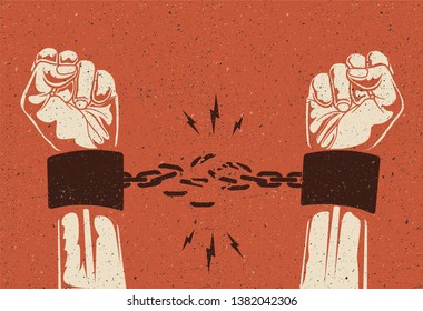 Human hands break the chain. Freedom release concept. Broken chain. Vintage styled vector illustration.