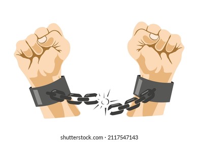 Human Hands Break The Iron Chain From The Shackles On A White Background. Vector Illustration On The Theme Of Gaining Independence And Freedom. For The Design Of Posters, Banners