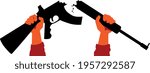 Human hands breaking an automatic rifle apart, EPS 8 vector illustration