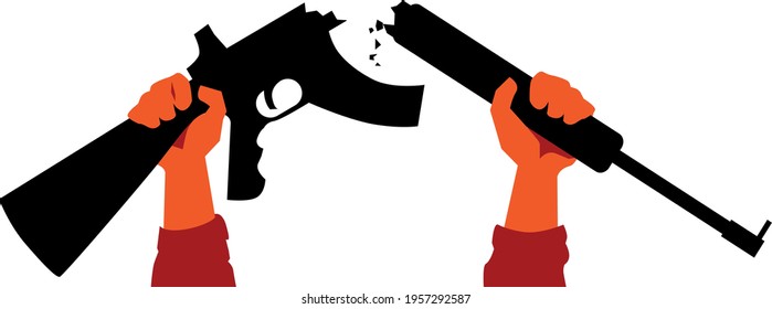 Human hands breaking an automatic rifle apart, EPS 8 vector illustration