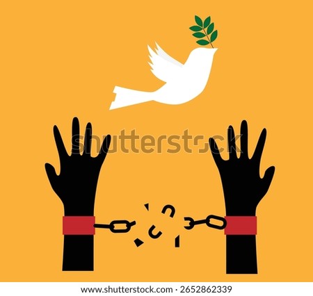 Human Hands Breaking Shackles with Dove Carrying a Twig. Slavery and human trafficking concept vector art