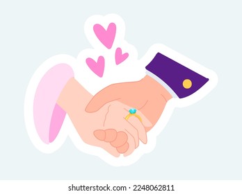 Las manos humanas de la novia y el novio se mantienen juntas. Celebración de la boda. Ilustración vectorial en el diseño de pegatinas de dibujos animados