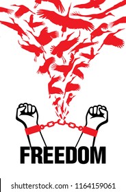 Human hands and broken chain. Flying birds. Freedom concept.Vector illustration