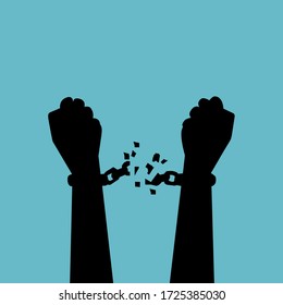 Human hands with broken chain. Freedom concept. Victory icon. 