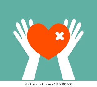 Human hands and broken heart on the background. Symbol. Vector illustration.