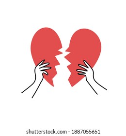 Human hands with broken red heart. Divorce, love, living together concept design. Hand drawn vector illustration.