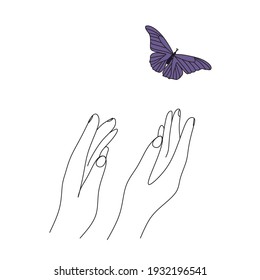Human hands and butterfly One line vector drawing. Printable Butterfly Fashion Sketch line art. Abstract Line Illustration. Modern GalleryWall, Abstract Wall Art Print Set. Botanical theme for print.