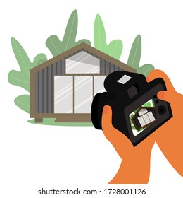 Human hands with camera opposite modern stylish house. property photo and realtor work concept.  Photographing housing for rent or sale announcement. Vector illustration in flat style. 