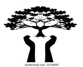 human hands care tree