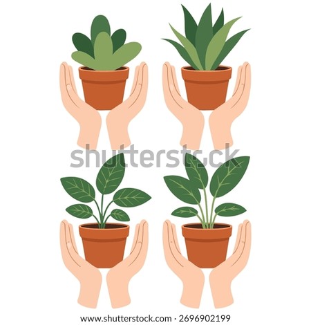 Human hands carefully holding small potted plant vector