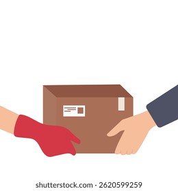 Human hands carrying a cardboard box .Shipping packages delivery parcel box. Vector illustration
