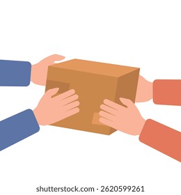 Human hands carrying a cardboard box .Shipping packages delivery parcel box. Vector illustration