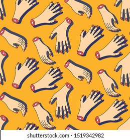 Human hands cartoon colorful Halloween inspired seamless vector pattern
