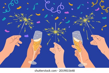 Human hands with champagne glasses and sparklers on confetti background. Celebration of New Year, birthday, anniversary or business success. Group of people celebrating event. Cartoon colorful banner